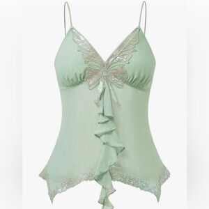 Glitter Sequin Frilly Butterfly Fairycore Y2K Bow Pastel Green Tank Top Festival